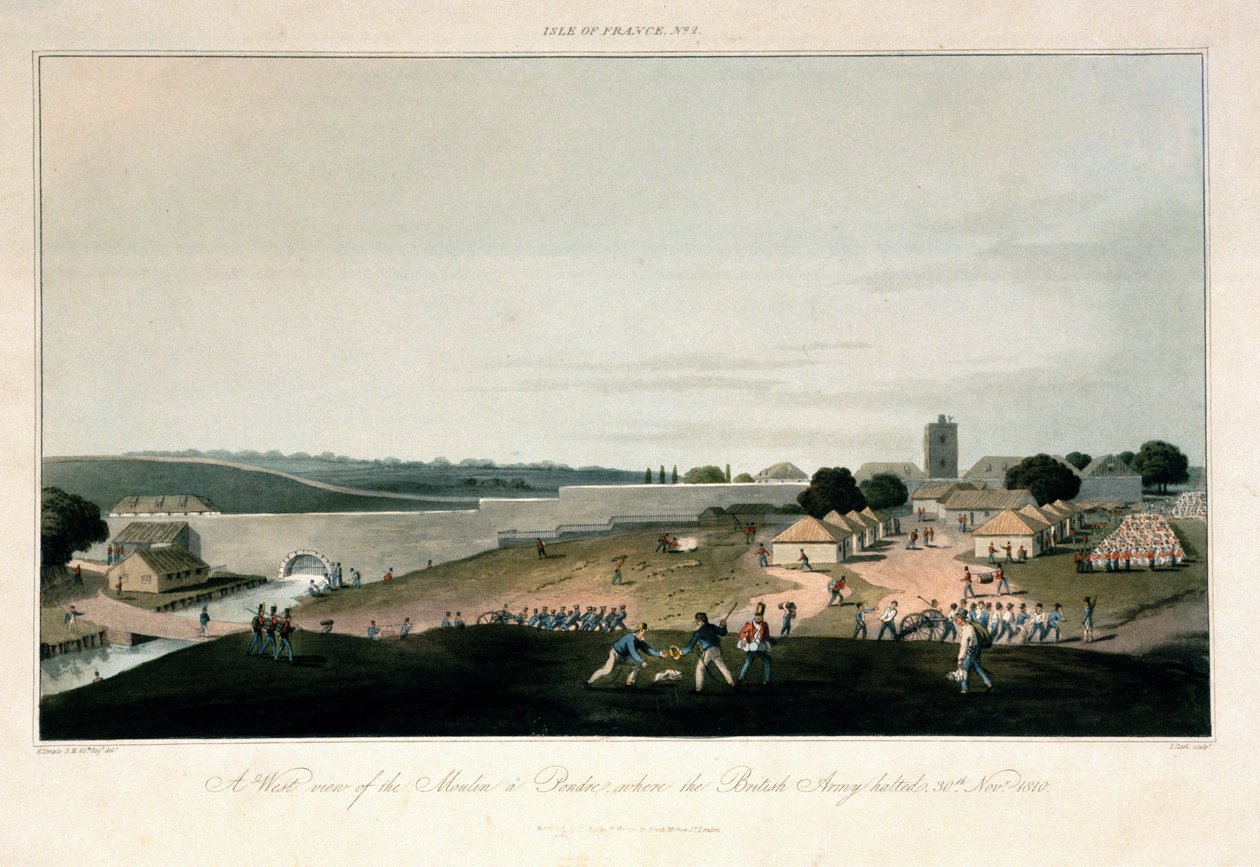 A Île de France (Maurícia), vista ocidental do moinho de Pondre, onde o exército britânico permanecia estacionado em 30 de novembro de 1810. Gravura a cores de Unbekannter Künstler