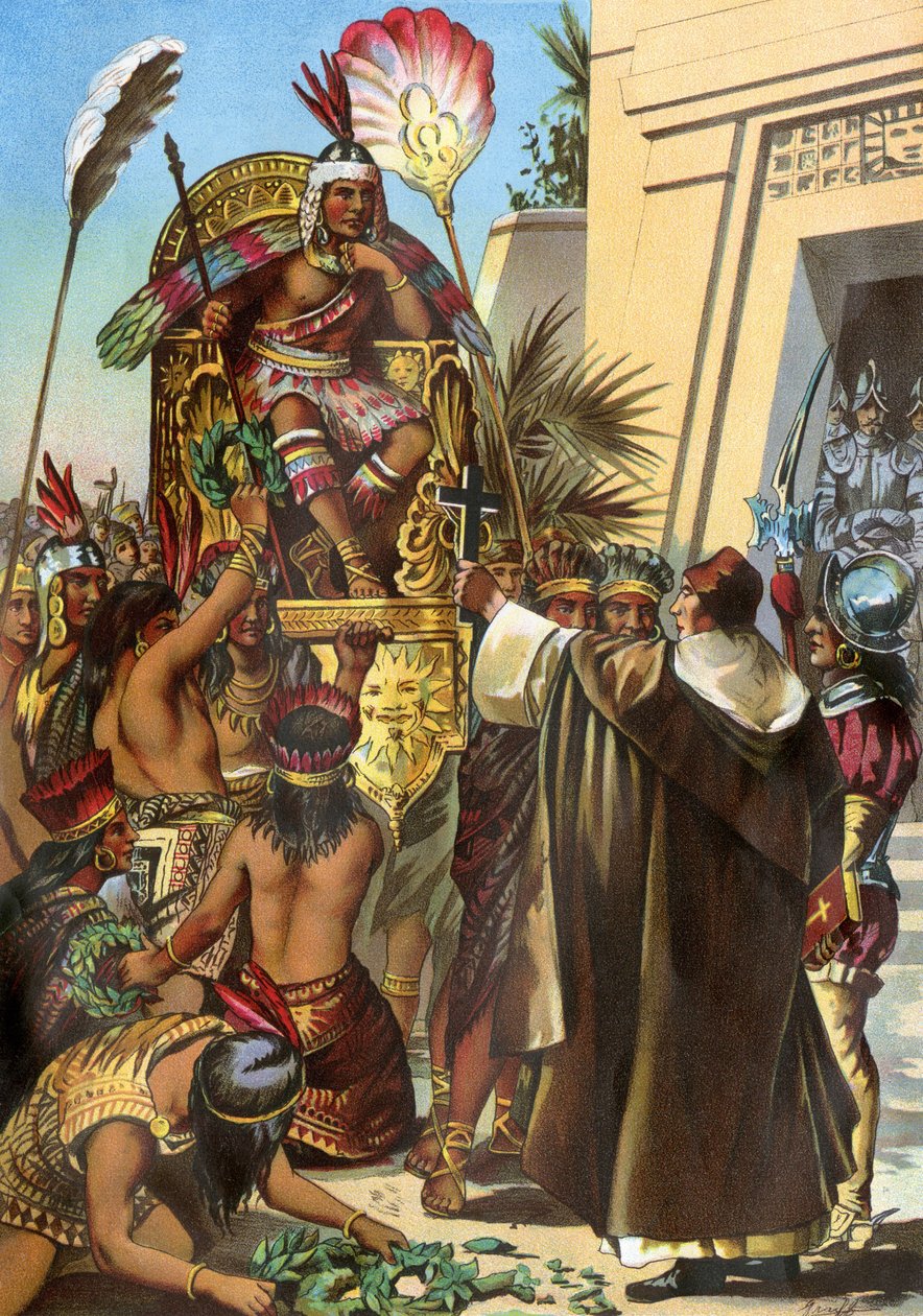 O padre missionário Vicente de Valverde dirigiu-se ao rei Inca Atahualpa em 1532 de Unbekannter Künstler