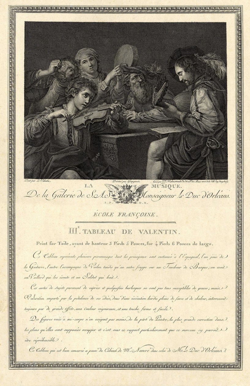 A música. Gravura da galeria de Sua Excelência o Duque de Orleães segundo um quadro do pintor Le Valentin. de Unbekannter Künstler