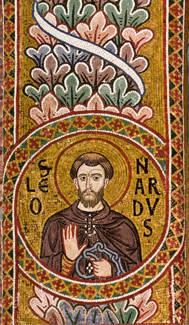 A nave, mosaico por baixo de um arco: "São Leonardo", século XII, A Capela Palatina, O Palácio Real ou Palácio dos Normandos, Palermo, Sicília, Itália (foto) de Unbekannter Künstler