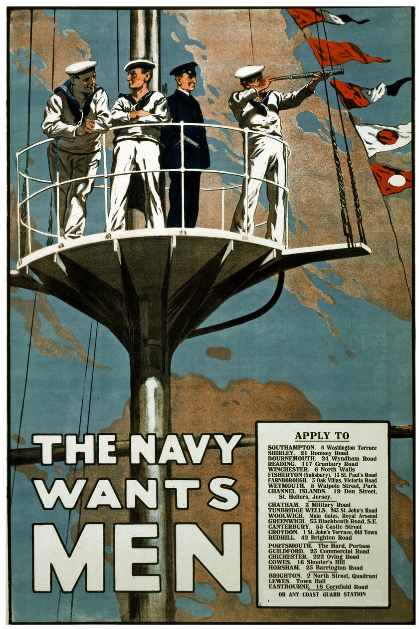 A Marinha quer homens, c.1915 (litografia) de Unbekannt