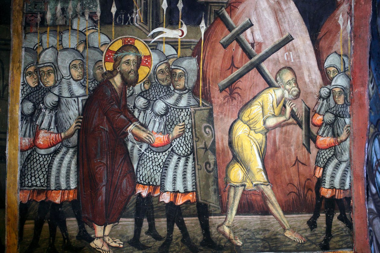 A paixão de Cristo Simão é carregar a cruz Bizantino fresco do mosteiro de Agios Ioannis Lampadistis, São João Lampadistis Século XI Chipre Igrejas pintadas UNESCO site Troodos, Chipre de Unbekannt
