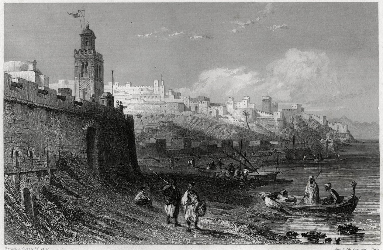 O pitoresco porto da cidade fortificada de Tânger no século XIX, no livro sobre o Mediterrâneo de Louis Enault (1824-1900), jornalista e viajante francês. Louis Enault, LA MEDITERRANEE SES ILES ET SES BORDS, Morizot de Unbekannt
