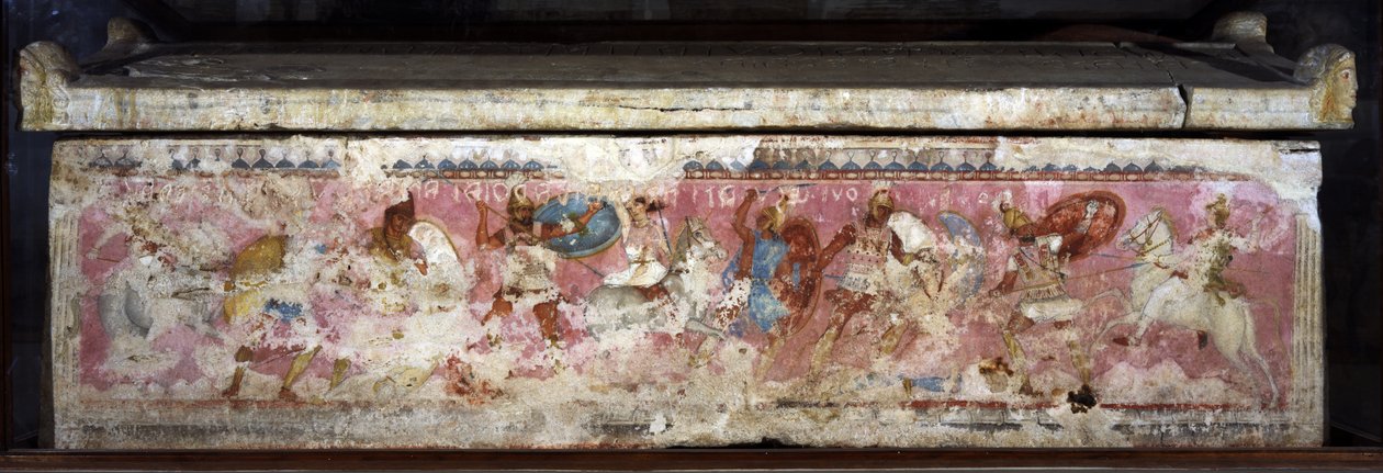 O sarcófago das Amazonas, decorado com cenas de luta entre gregos e amazonas, de Tarquinia, século IV a.C. (alabastro) (ver também 36059) de Unbekannt