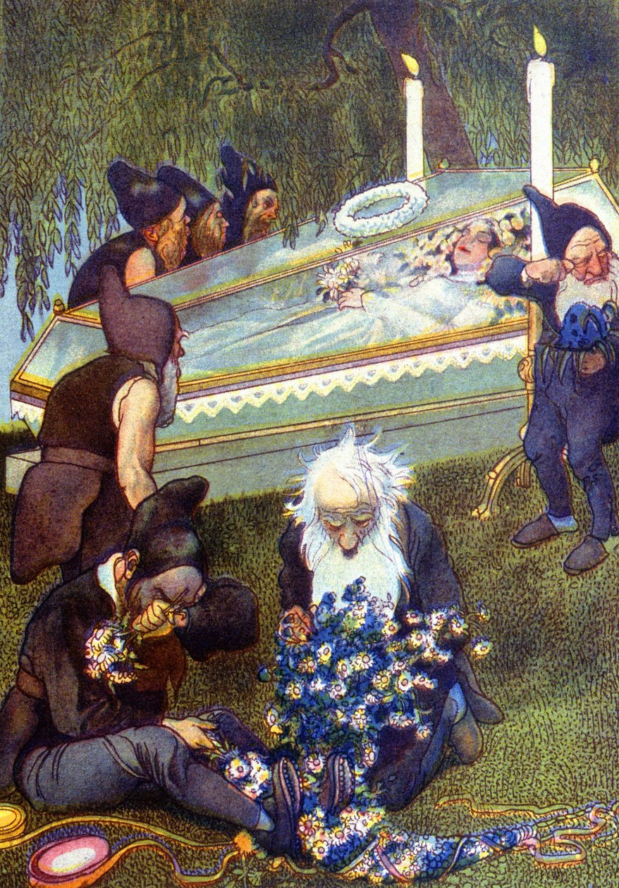 Os sete anões a chorar a Branca de Neve no seu caixão, finais do século XIX (ilustração) de Unbekannter Künstler