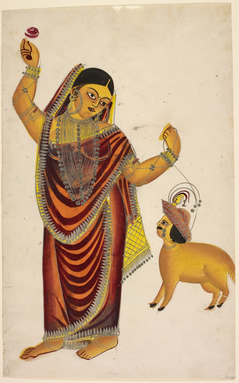 O amante de ovelhas: uma cortesã segurando uma rosa na mão direita e conduzindo uma ovelha com cabeça humana, c.1865 (tinta e cor sobre papel) de Unbekannter Künstler