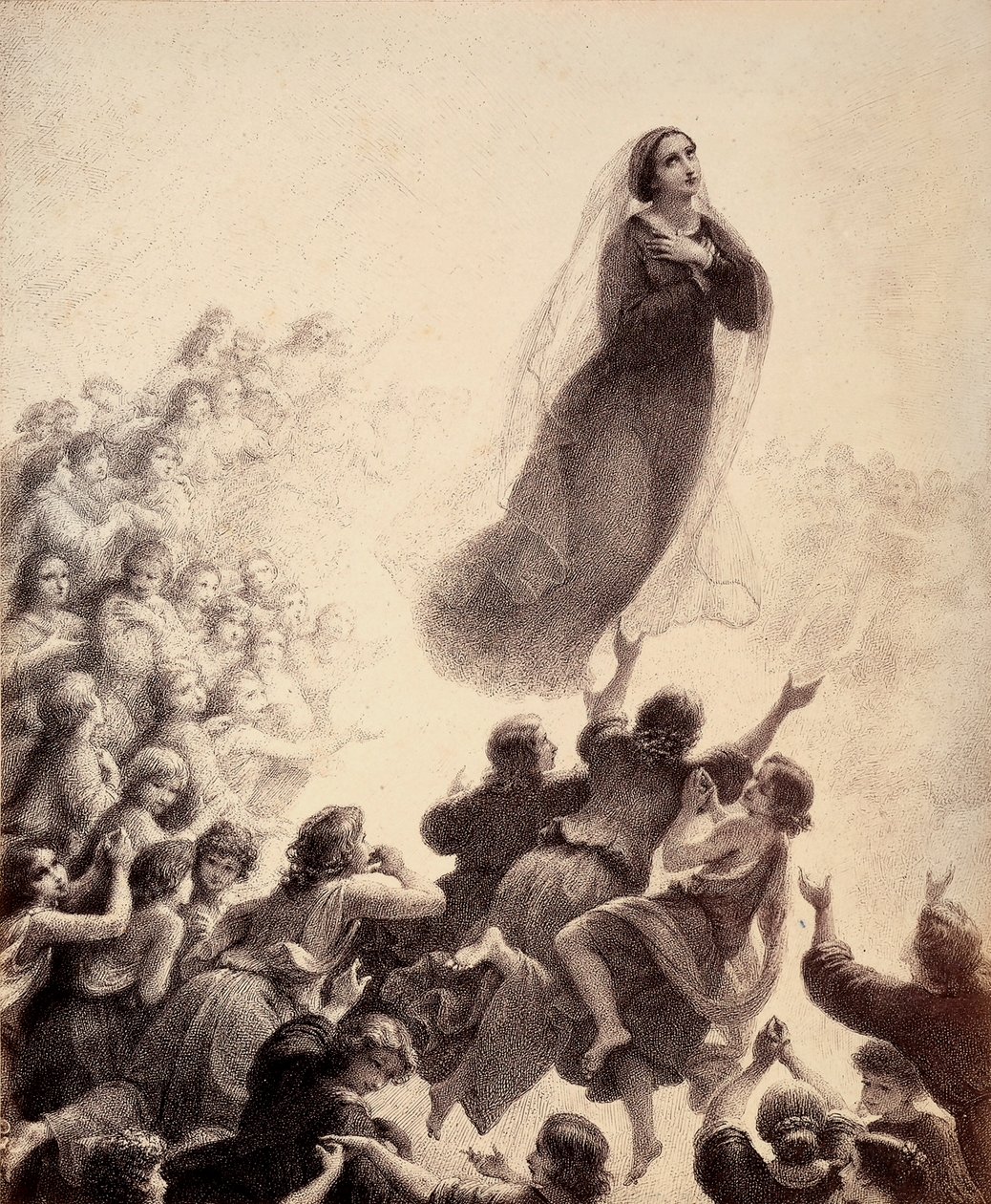 Os espíritos dos bem-aventurados, de braços estendidos, acompanham com cânticos a subida de Maria ao Empíreo. Ilustração do Canto XXIII do Paradiso da Divina Comédia de Dante Alighieri. Obra de Francesco Scaramuzza dedicada ao Município de Florença de Unbekannter Künstler