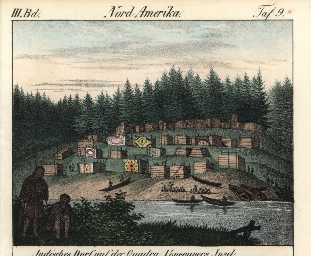 Aldeia de casas de madeira pintadas por índios na ilha de Vancouver, Canadá. Litografia para o livro: "Galerie complete en tableaux fideles des peuples d