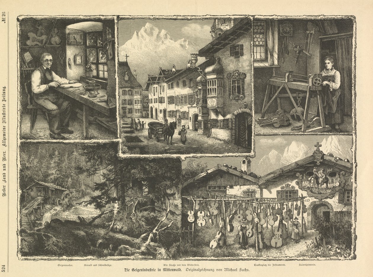 A indústria do violino em Mittenwald, Stuttgart 1882 (gravura) de Unbekannter Künstler