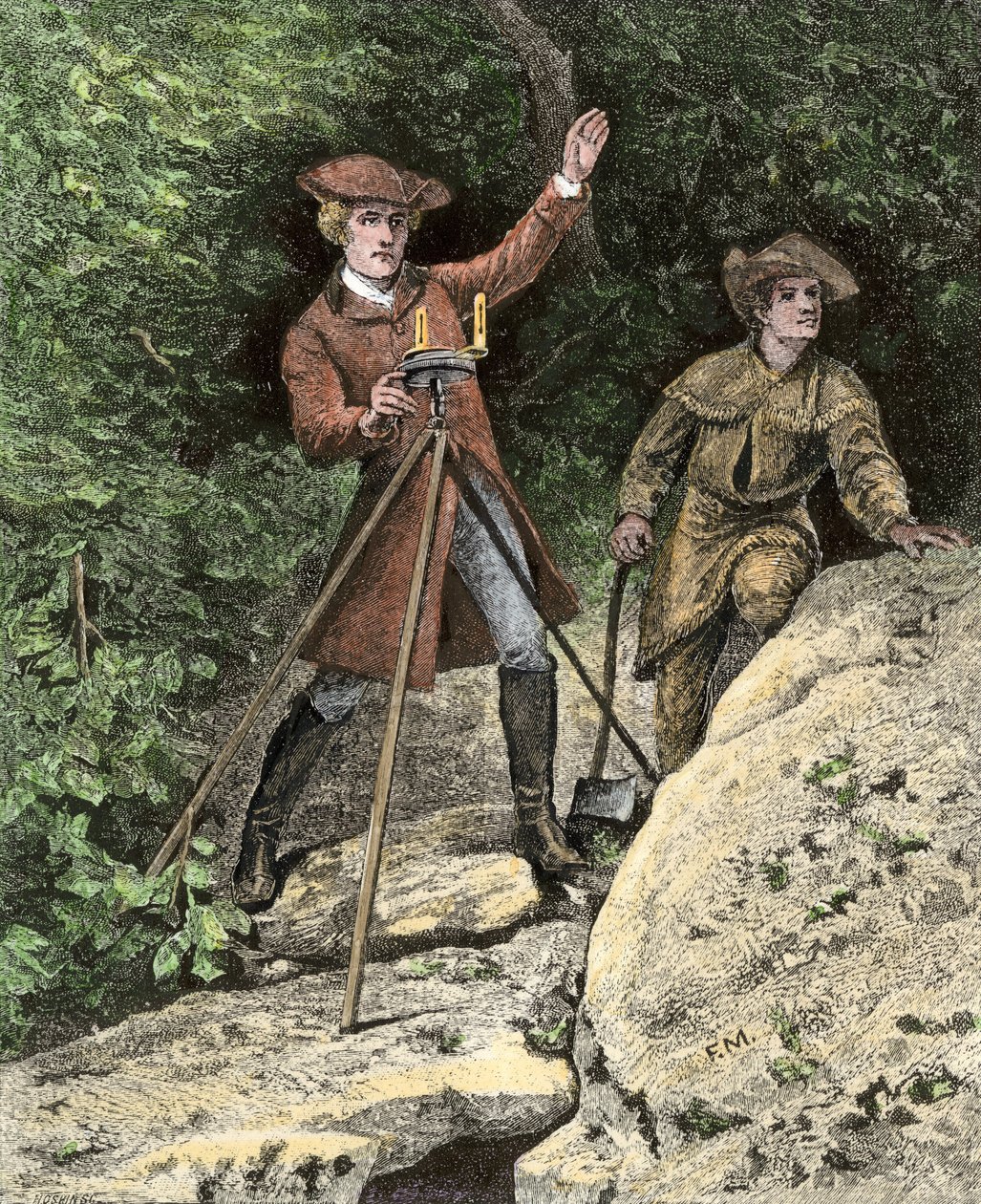 O jovem George Washington (1732-1799) a trabalhar como geómetra na Virgínia. Gravura a cores do século XIX. de Unbekannter Künstler