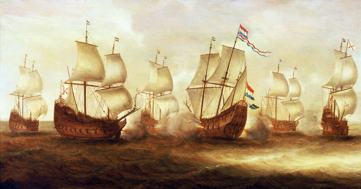 Guerra dos Trinta Anos (1618-1648): A ação do almirante Witte de With (1599 -1658) com os barcos de Dunquerque ao largo de Nieuwpoort (Holanda) em 1641 de Unbekannter Künstler