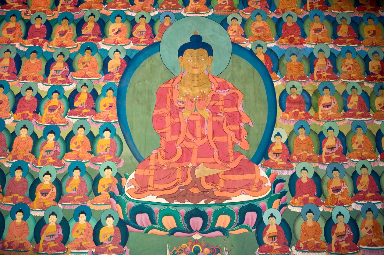 Budismo Tibetano; pintura de parede; meditando Buda; muitos pequenos Budas; Chemre Gompa Monastério; Chemrey; Ladakh região; Jammu e Caxemira; Índia; Sul da Ásia; Ásia de Unbekannt