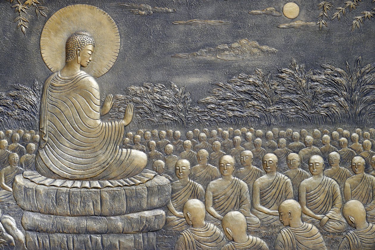 Tinh Xa Ngoc Chau templo budista, A Vida de Buda, Sidarta Gautama, Buda com discípulos, ensinando, O Buda exortou Seus primeiros sessenta discípulos Arahant a irem em diferentes direções para pregar a Doutrina, Chau Doc, Vietnã, 2018 (pho de Unbekannt