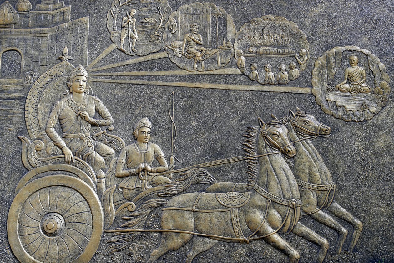Tinh Xa Ngoc Chau templo budista, A Vida de Buda, Siddhartha Gautama, Príncipe Siddhartha pediu a um cocheiro para levá-lo numa série de passeios pelo campo, Chau Doc, Vietnã, 2018 (foto) de Unbekannt