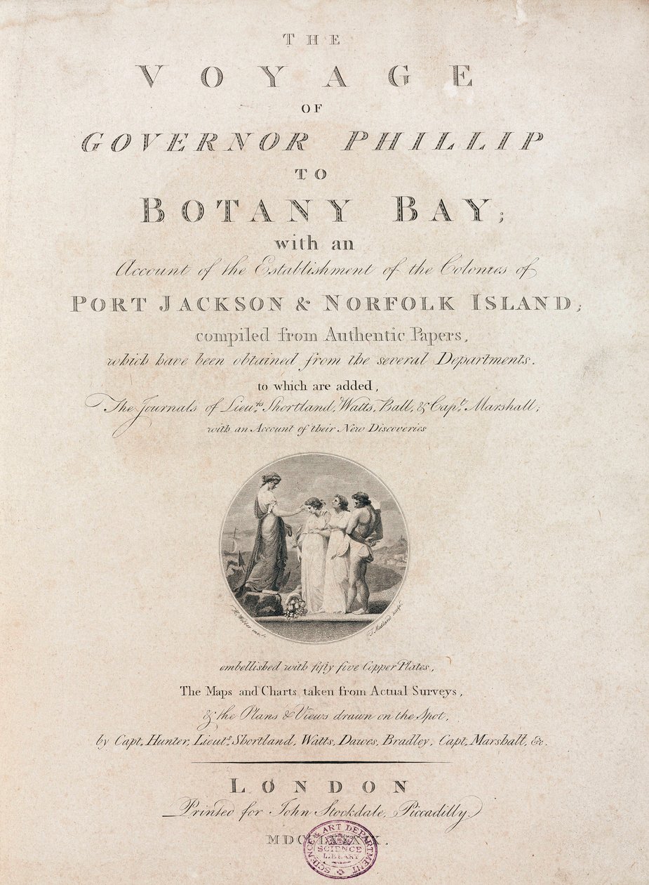 Página de título de "A viagem do Governador Phillip à Botany Bay", c 1789 de Unbekannt