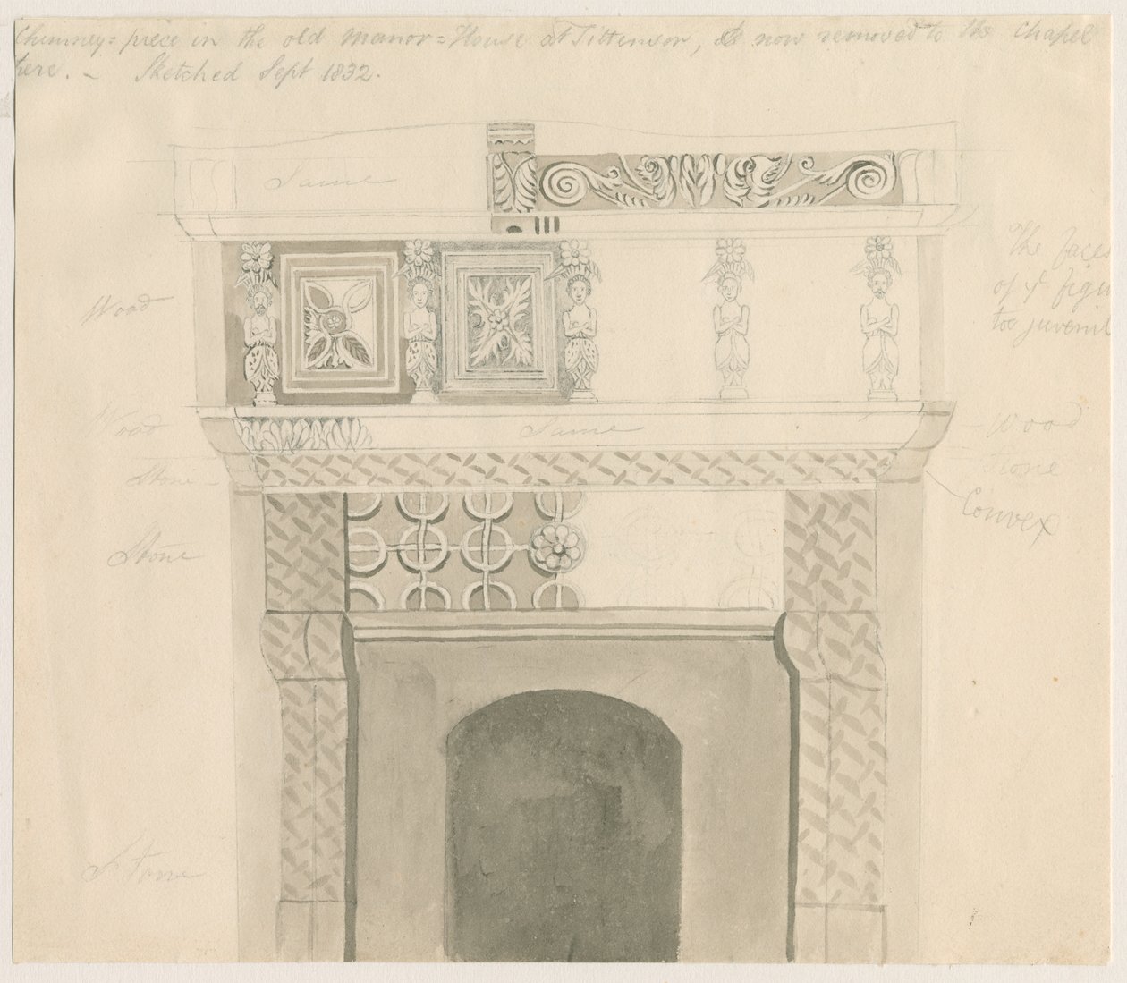 Tittensor - pedaço de chaminé na casa senhorial: lápis e lavagem de desenho, setembro de 1832 de Unbekannt