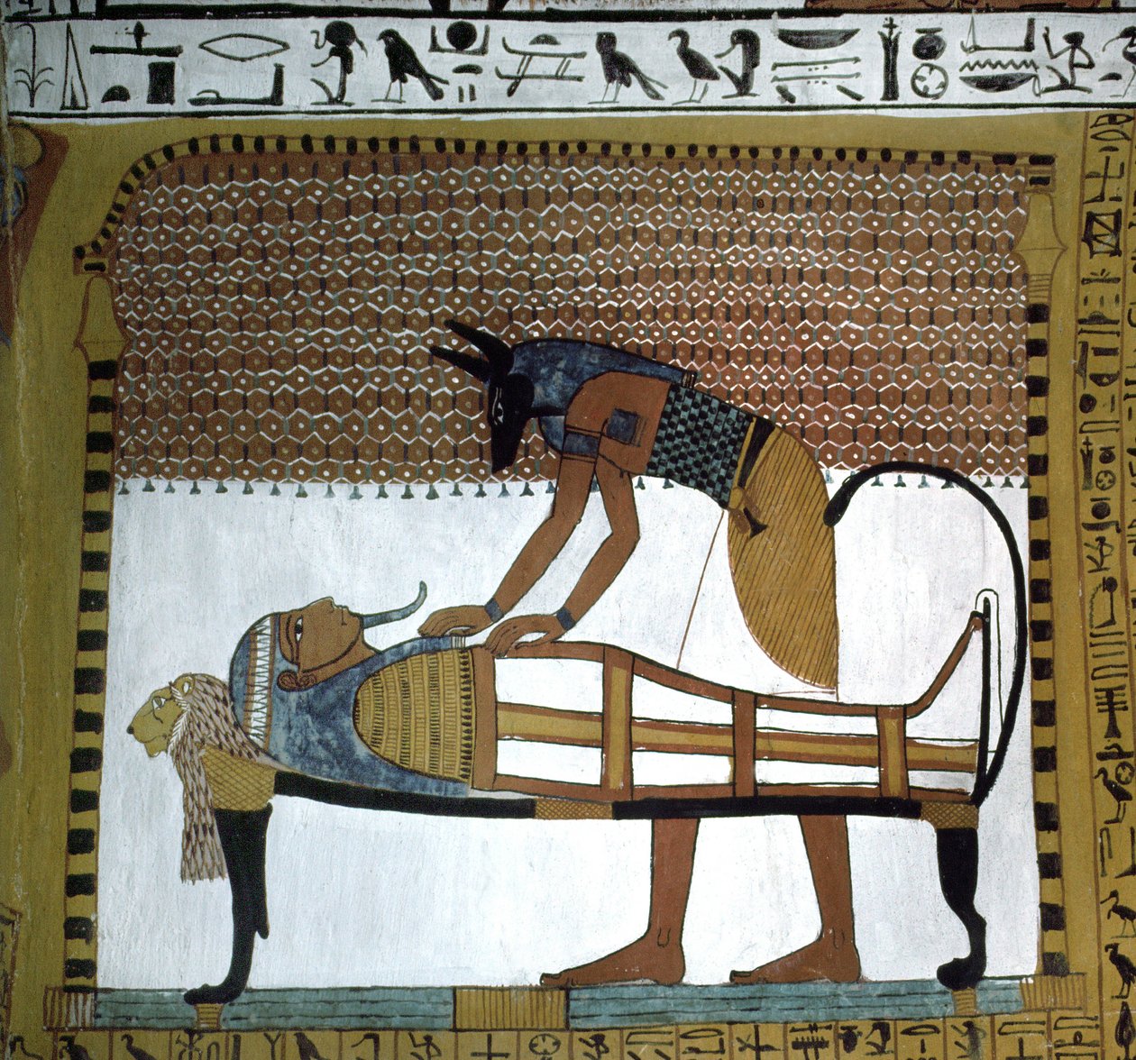Túmulos de artífices. Múmia Sennedjem embalsamada por Deus Anubis, Deir El Medineh site em Luxor, Egipto. Início da 19ª dinastia. de Leopold Blonder