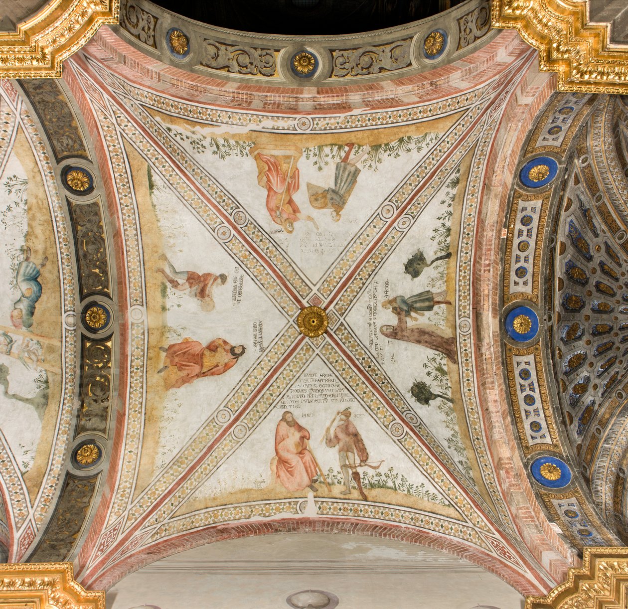 Transept sul do terceiro span oeste, Isaac pede a Exhaù para trazer-lhe caça, Rebecca veste Jacob com roupas de Exhaù, Jacob confundido com Exhaù dá comida a Isaac, Esaac retorna com caça, Catedral de Santa Maria Assunta, Duomo, Cremona, Lombardia, Itália  de Unbekannt