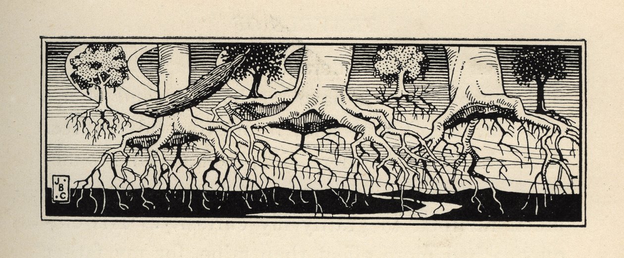 As árvores deracinas por uma tempestade replantam suas raízes até o local exato onde estavam. Ilustração de William Strang (1859-1921) e JB Clark de "The Adventures of the Baron of Munchausen (Munchhausen)" de Rudolf Erich Raspe (1736-1794) (1789) de Unbekannt