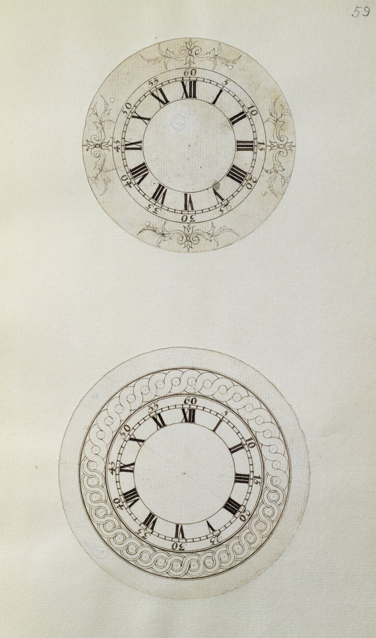 Dois desenhos para mostradores grandes de relógios de esmalte, a partir de notas mecânicas e desenhos compilados por John Harrison (1693-1776) e seu filho William (c.1726-72) (caneta e tinta sobre papel) de Unbekannt