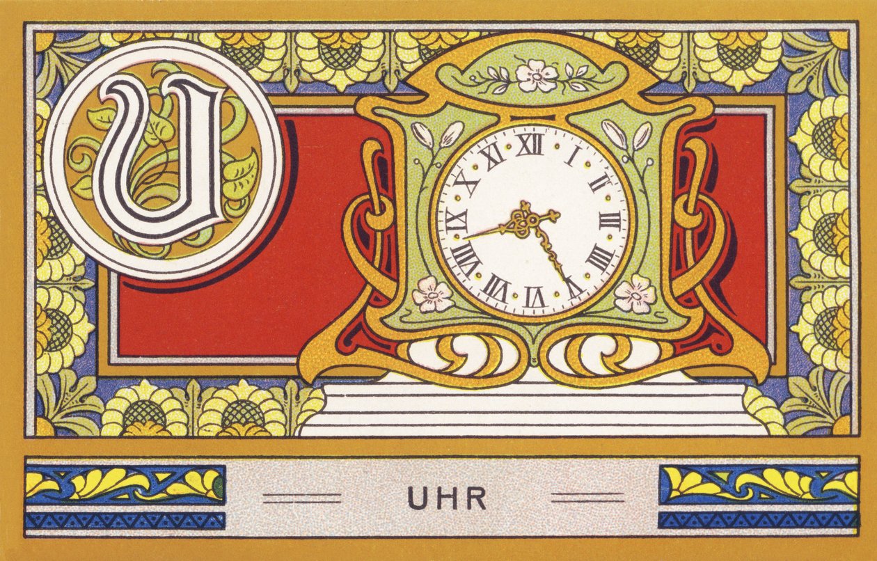 U : Uhr - Alfabeto Palmin. Série de cromolitógrafos publicada por H. Schlinck & Cie, Hamburg, n. d. . Anúncio para Palmin feinstes Cocosfett. Tamanho : 7 x 11 cm de Unbekannter Künstler