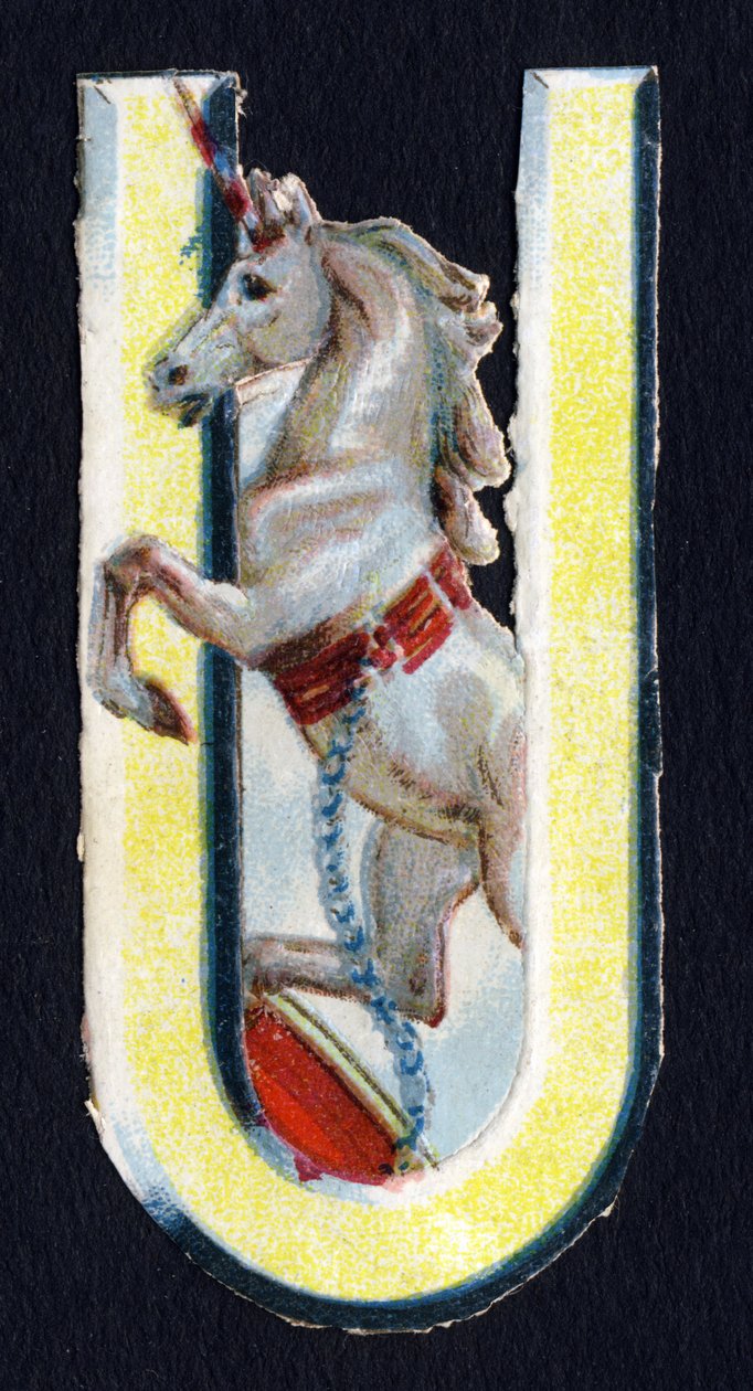 U como o Unicórnio. Decoupis de escaravelho sobre o tema dos animais. Gravura. Série de 26 cromolitógrafos de waffle de origem inglesa. Editor e ilustrador desconhecido. Fim do século XIX. Dim: 5,5x3,5cm. de Unbekannt