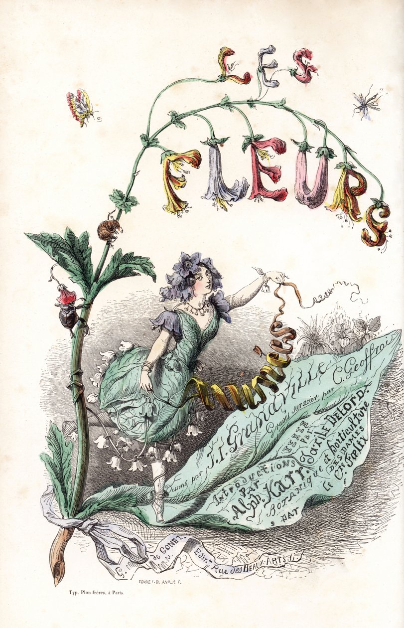 Une fee des fleurs setient sur une feuille et holds un ruban (página de rosto) - Gravura de Charles Geoffroy (1819-1882), a partir de uma ilustração de Jean Ignace Isidore Gerard dit J.J.J.Granville (1803-1847), para Les fleurs animees de Unbekannter Künstler