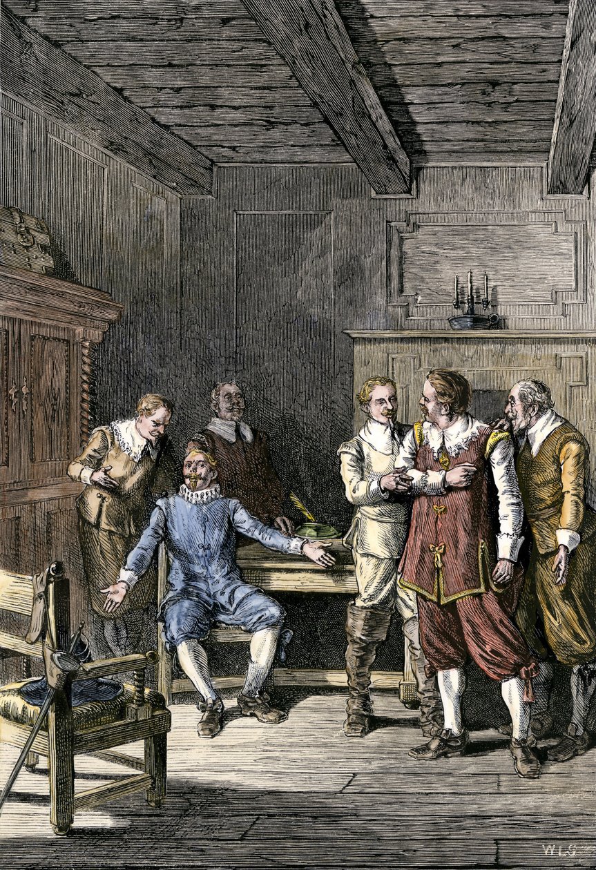 Estados Unidos, Massachusetts: Disputa entre John Winthrop (1588-1649) e Thomas Dudley (1576-1653) na Colónia da Baía de Massachusetts. Gravura a cores do século XIX. de Unbekannter Künstler