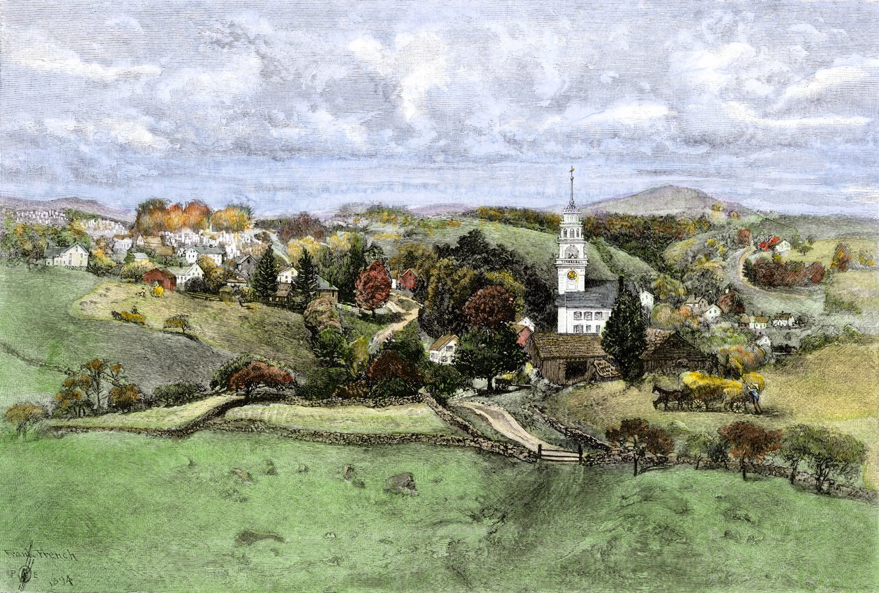 Estados Unidos, Estado de New Hampshire: Aldeia de New Boston, New Hampshire, anos 1800. Gravura a cores do século XIX. de Unbekannter Künstler