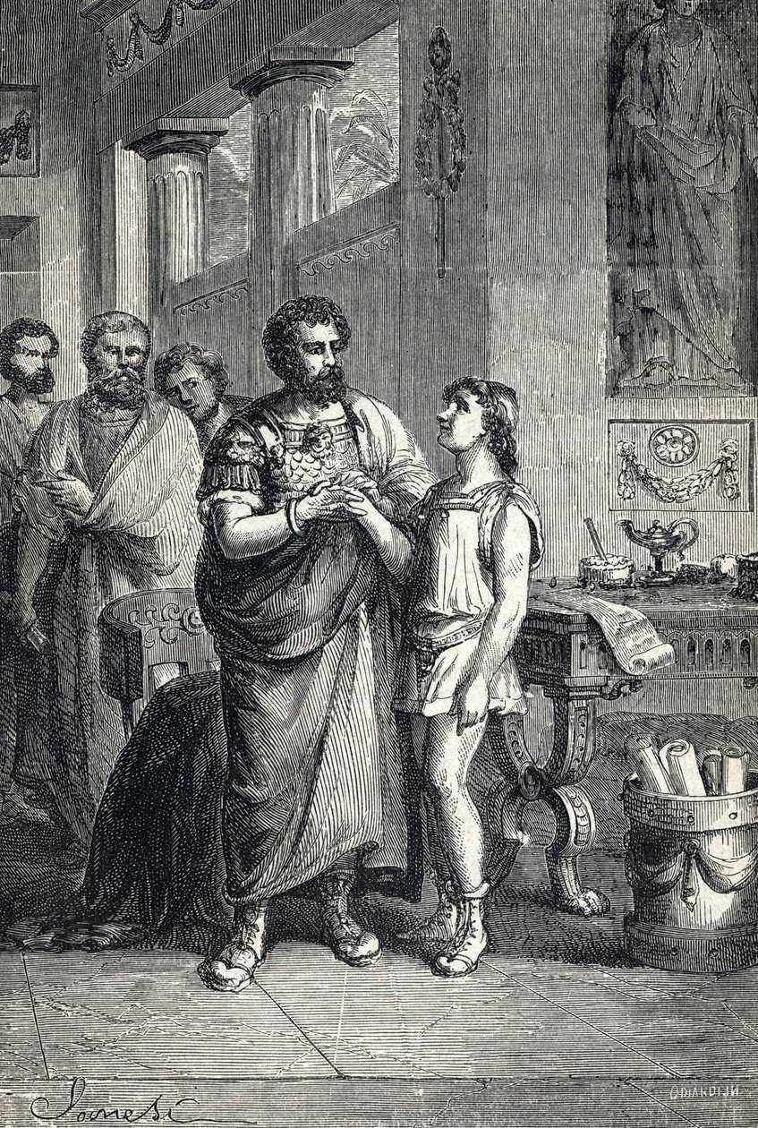 O imperador romano Valentin II reconhecido pelo Graciano (375). 1888 (Gravura) de Unbekannter Künstler