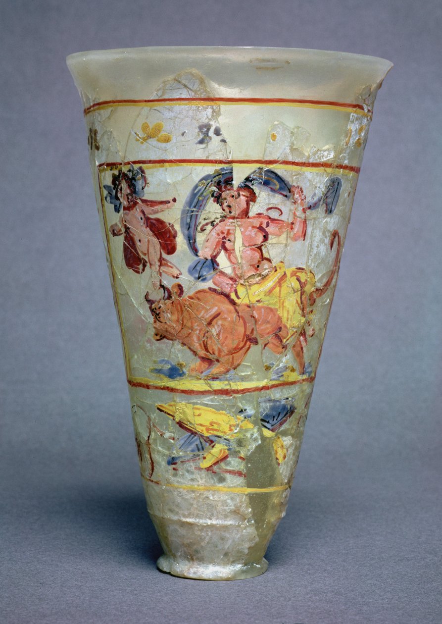 Vaso com decoração pintada representando a Europa e o Touro, Romano (vidro) (ver também 98005) de Unbekannt