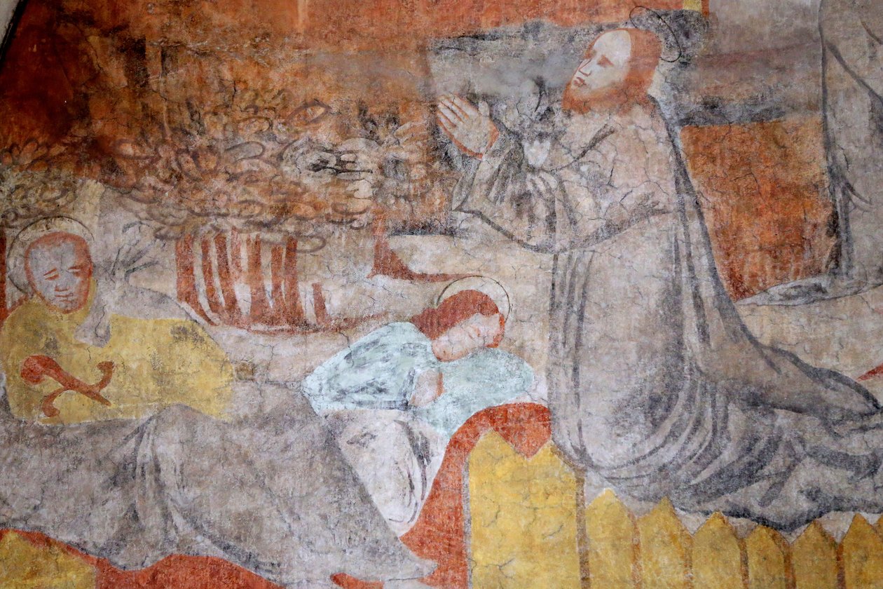 A igreja Vault de Lugny. Pintura mural do século XVI. Cristo na sua paixão. Gethsemane, Jesus reza, enquanto isso, os discípulos descansam. FranÃ§a Â de Unbekannt