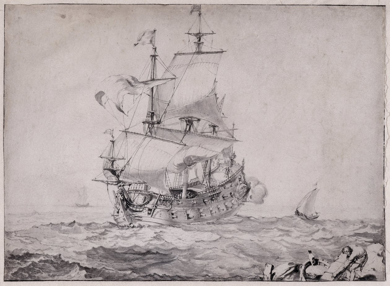 Navios no mar disparando o canhão - desenho de Pierre Puget (1620-1694) Século XVII Sol 23x32,5 cm Musee Grobet Labadie Marseille de Unbekannter Künstler