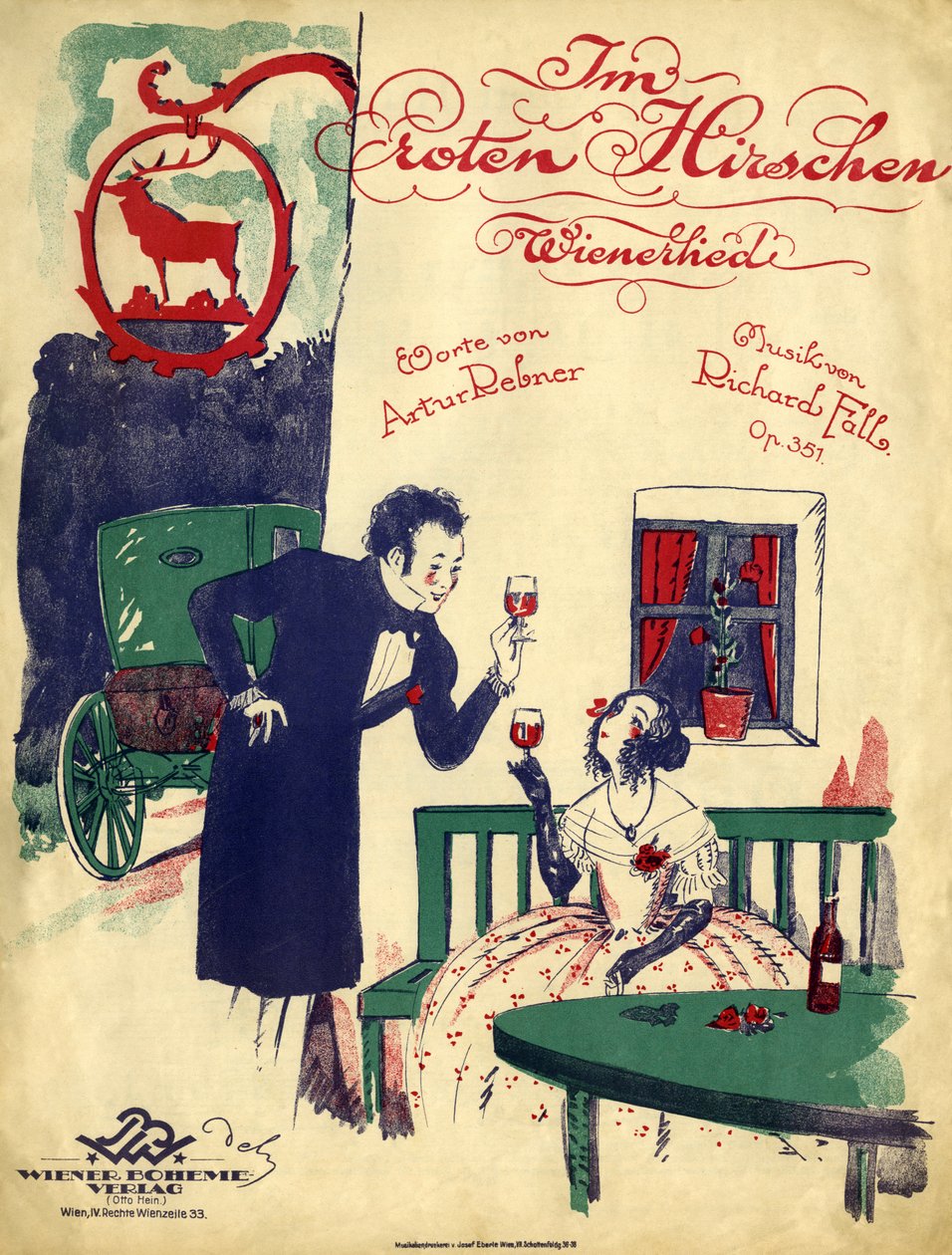 Romance vienense - casal do início do século XIX a beber vinho tinto e a brindar no "Red Deer de Unbekannter Künstler