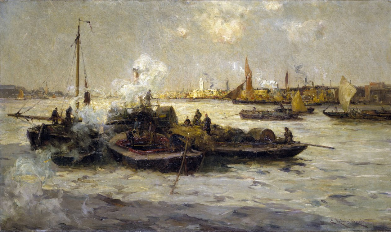 Vista de Limehouse, Inglaterra, com uma descrição da industrialização do Tamisa no final da era vitoriana (fim do século XIX) e de rebocadores, cortadores e barcaças; em segundo plano, a Torre Branca de São Jorge de Unbekannter Künstler