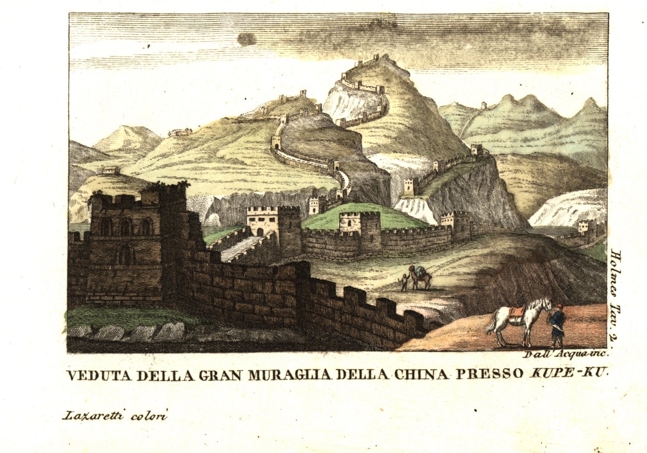 Vista da Grande Muralha da China perto de Kou-Pee-Keow, na passagem entre a China e a Tartária Oriental. De Samuel Holmes (séc. XVIII-XIX) Journal of a Voyage to China and Tartary (Diário de uma viagem à China e à Tartária). Gravura em talhe-doce de dell