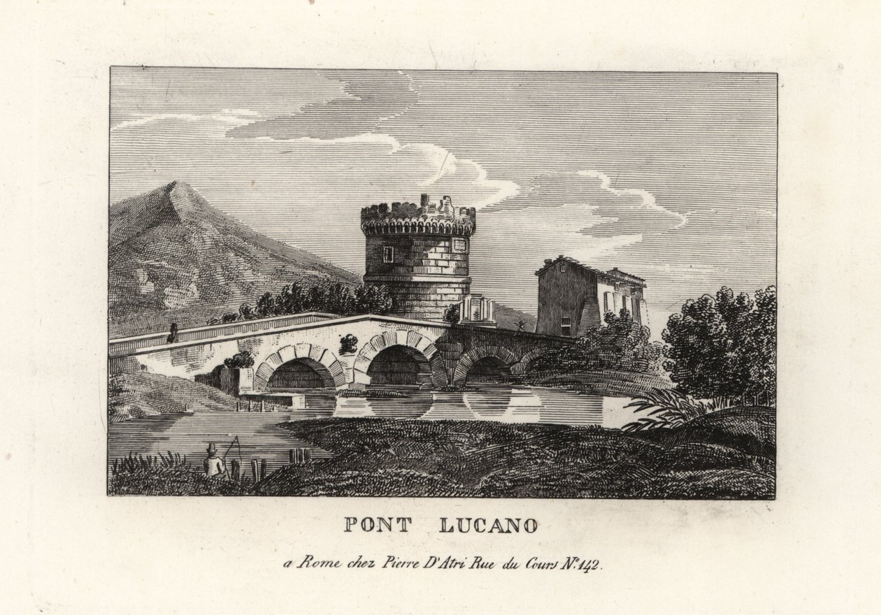 Vista da Ponte Lucano e do Mausoléu de Plautii, Pont Lucano ou Ponte Lucano, na estrada para Tivoli de Unbekannt