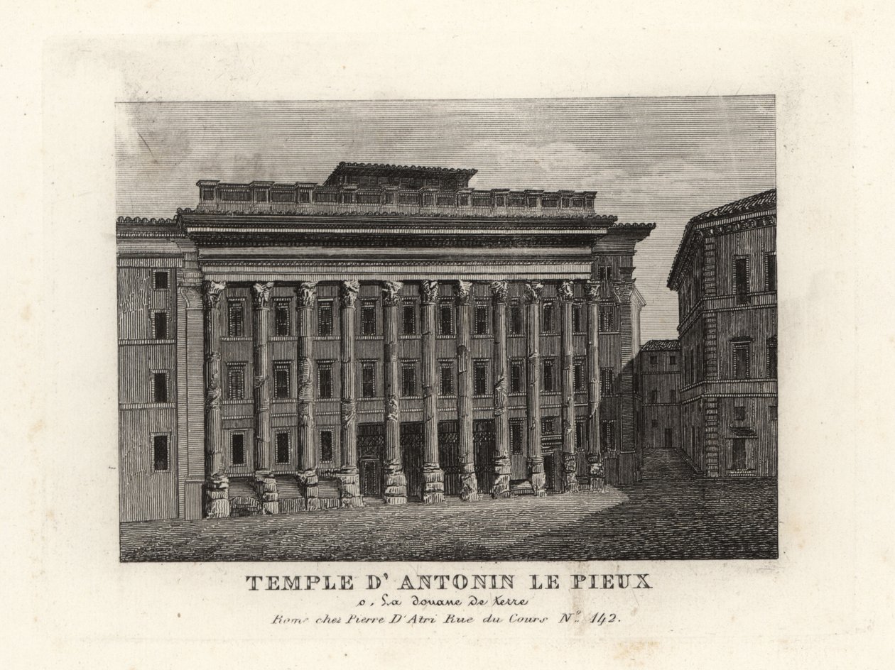 Vista do Templo de Adriano, Templum Divus Hadrianus, com 11 colunas dedicadas por seu filho adotivo Antoninus Pius, Templo d