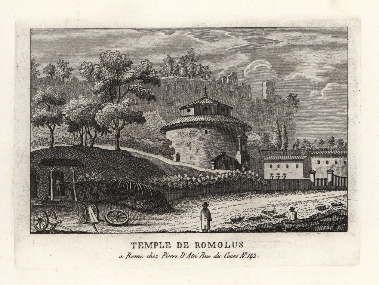 Vista do Templo de Rômulo, a basílica de Santi Cosma e Damiano, Fórum, Roma de Unbekannt