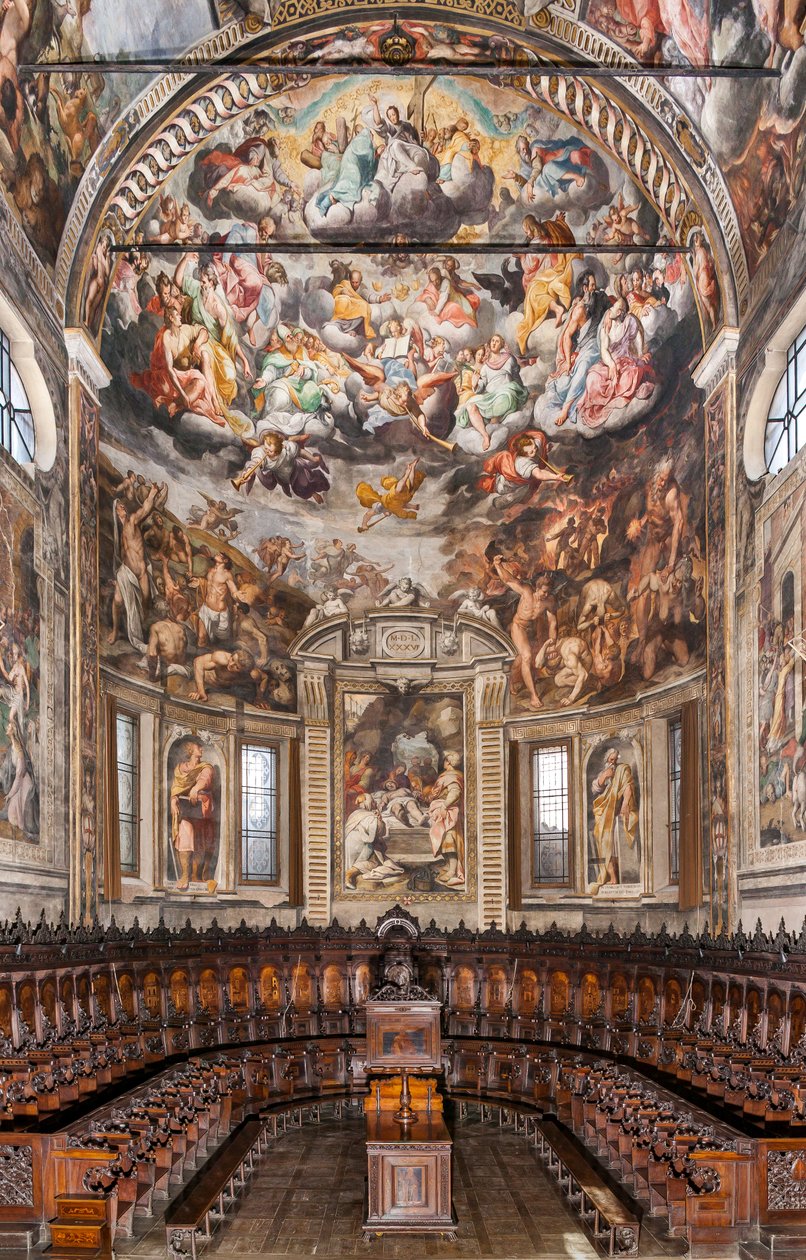Vista da abside com afrescos de Camillo Procaccini e coro de madeira de Cristoforo e Giuseppe De Venetiis, Basílica de San Prospero, Reggio Emilia, Emilia Romagna, Itália (foto) de Unbekannter Künstler