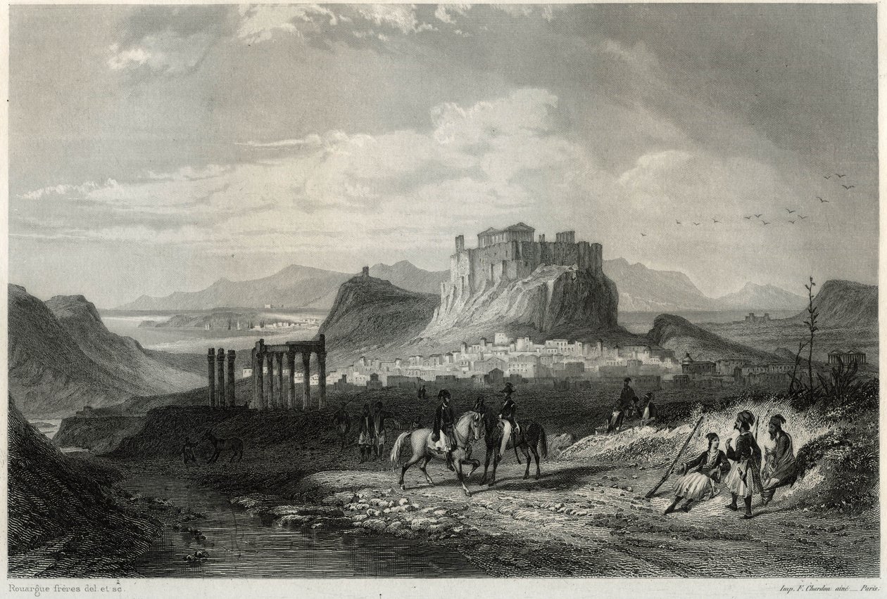 Vista da cidade de Atenas no século XIX, dominada pela Acrópole, no livro sobre o Mediterrâneo de Louis Enault (1824-1900), jornalista e viajante francês. de Unbekannt
