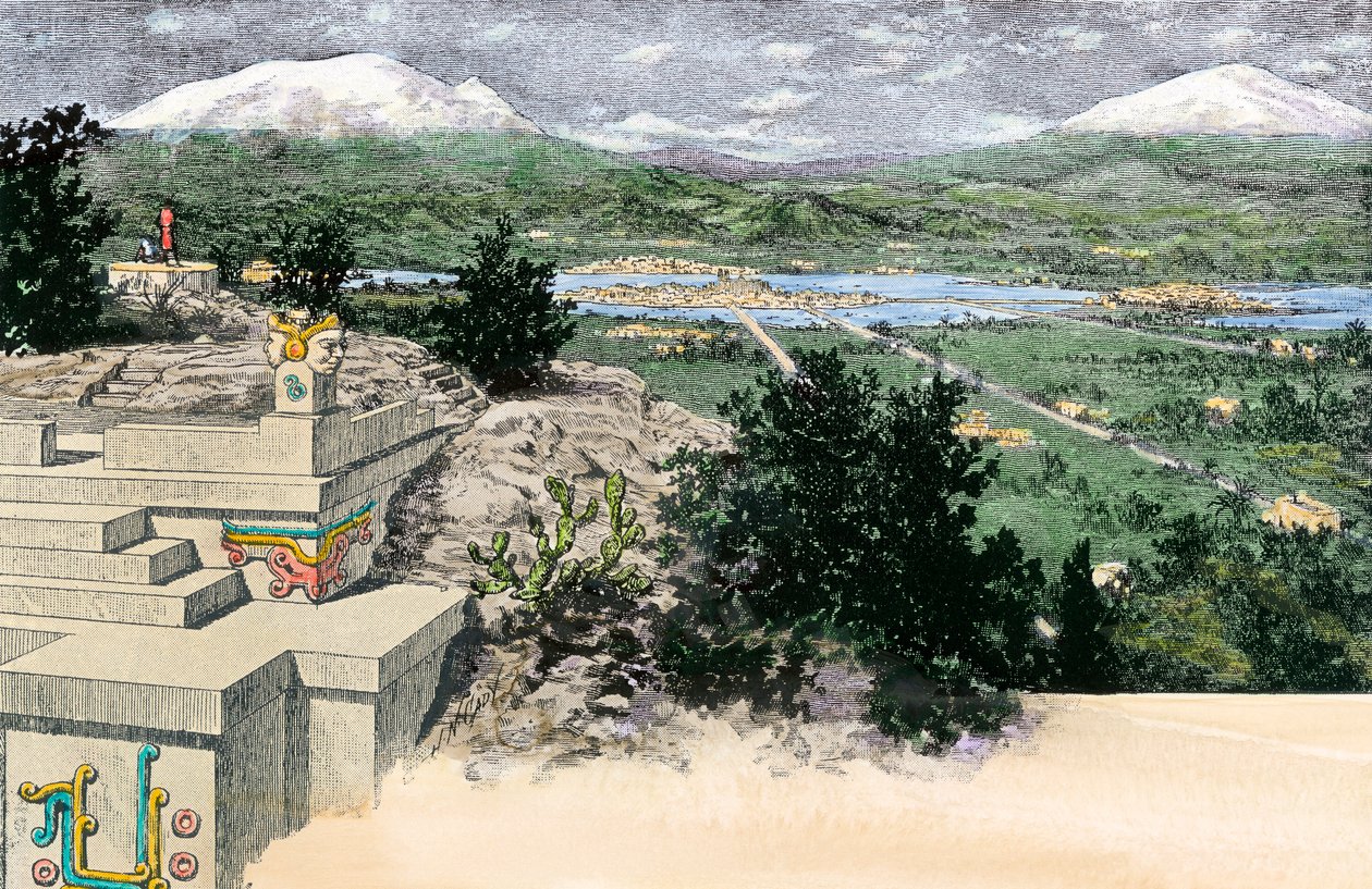 Vista da cidade de Tenochtitlan (ou México Tenochtitlan), tal como era na ilha situada no lago Texoco, quando era a capital do Império Azteca, antes de 1521 - Gravura colorida de Unbekannter Künstler