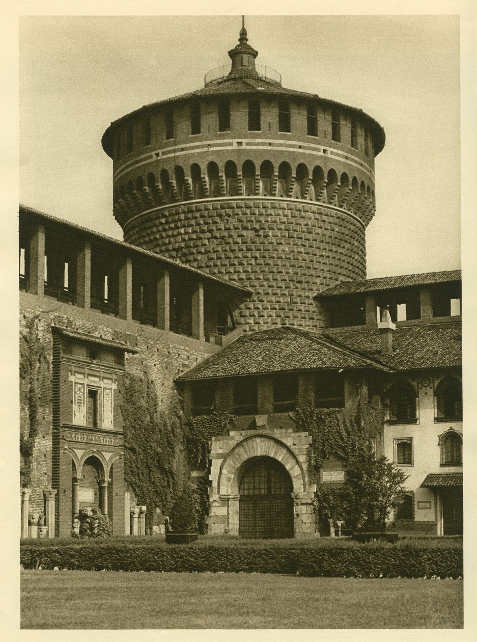 Vista do pátio do Castello Sforzesco (castelo da família Sforza) em Milão de Unbekannt