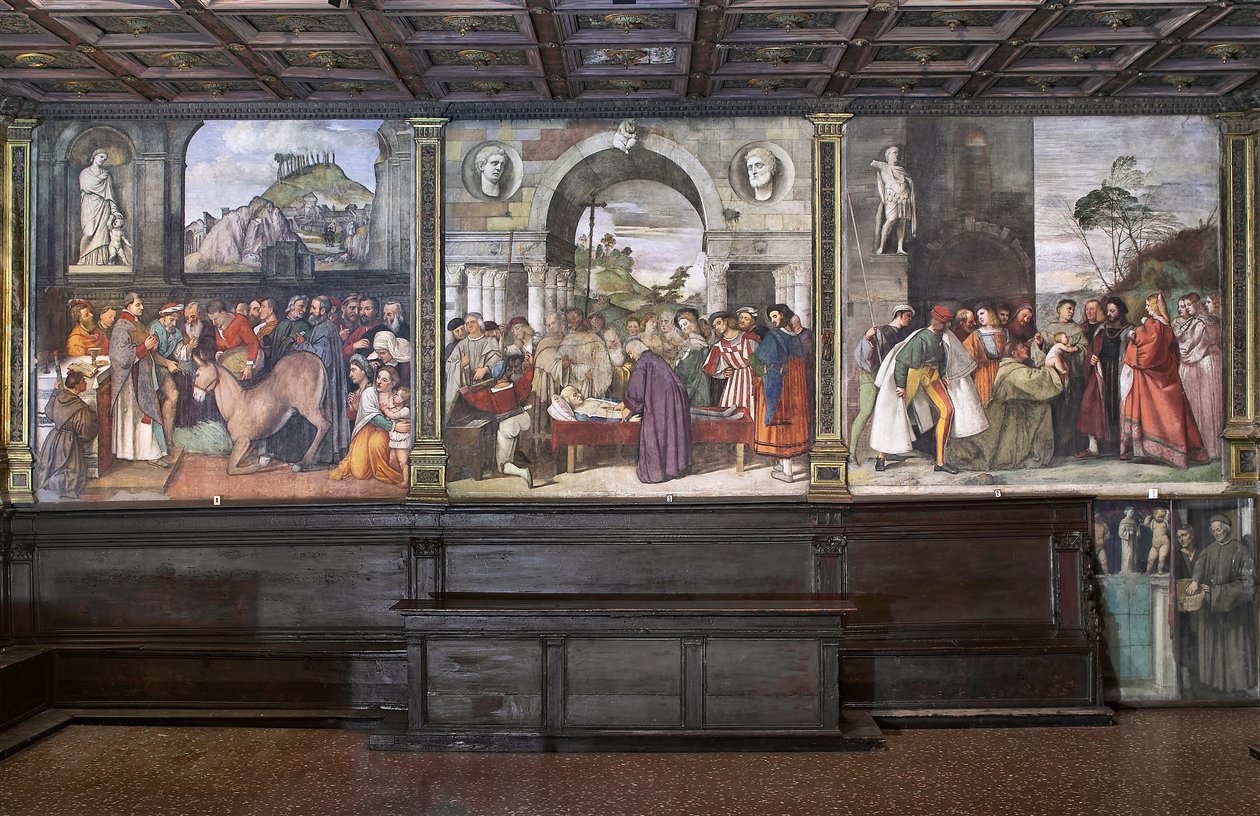 Vista dos frescos na parede norte da Basílica de Santo António (Basílica do Santo), Escola do Santo, Pádua, Itália (foto) de Unbekannter Künstler