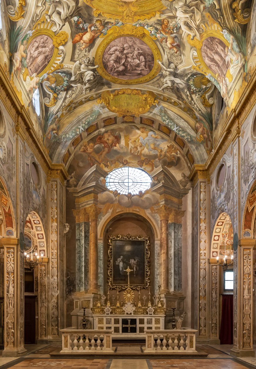 Vista do interior com afrescos e altar principal, Igreja de Nunziatina, Todi, Umbria, Itália (foto) de Unbekannter Künstler
