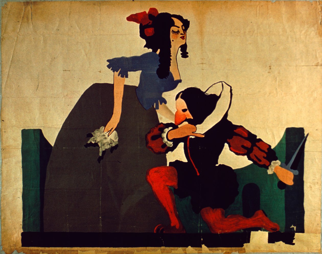 Poster vintage do homem ajoelhado aos pés da mulher, desenho de Shakespeare (cor litho) de Unbekannt