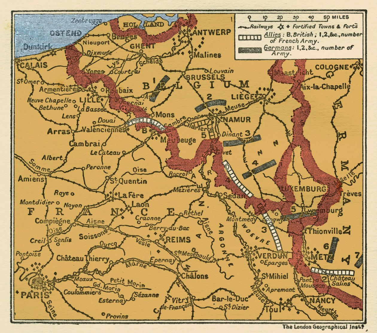 Mapa da posição dos exércitos na I Guerra Mundial 22 de agosto de 1914 de Unbekannter Künstler