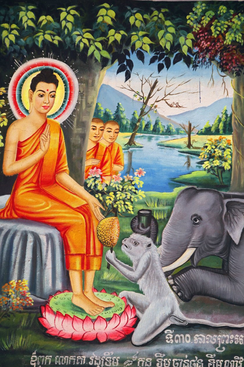 Pintura de parede em Wat Pitchey Udong : Cena da vida do Buda. Buda alimentado por um macaco enquanto ele jejuava no Kampot Cambodge. de Unbekannt