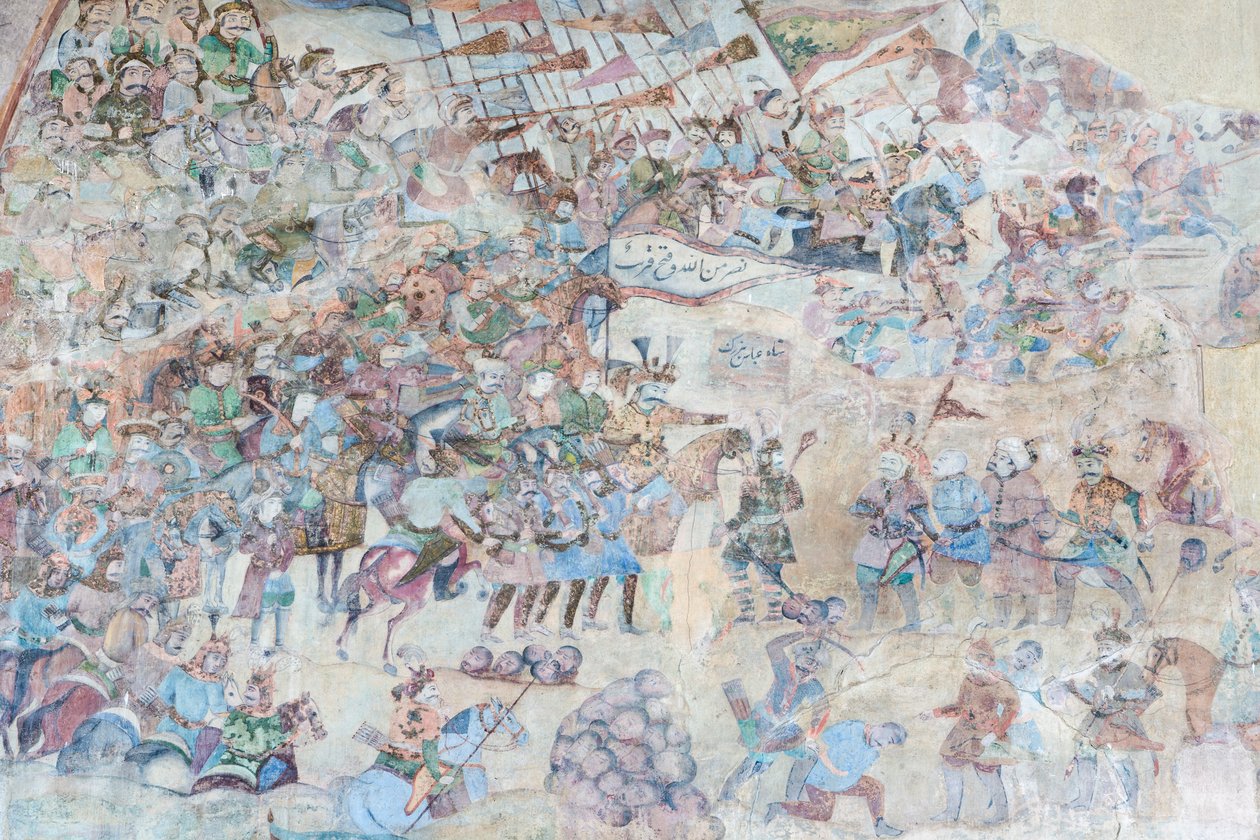 Pinturas murais no portal Qeysarieh, praça Naqsh-e Jahan Imam, Esfahan, Irão (fresco) de Unbekannter Künstler