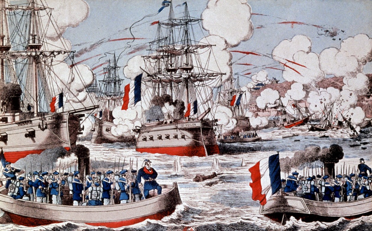 Guerra entre a China e a França (1884-1885) : Destruição da frota chinesa pelo almirante Courbet em Fou Tcheou, 23 de agosto de Unbekannter Künstler